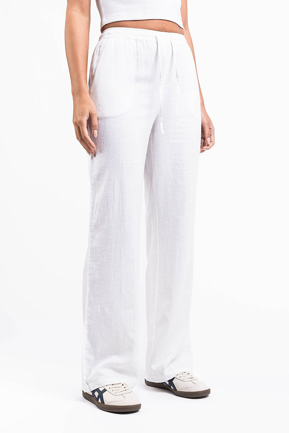 Mila 01High Straight Linen Pants - White
